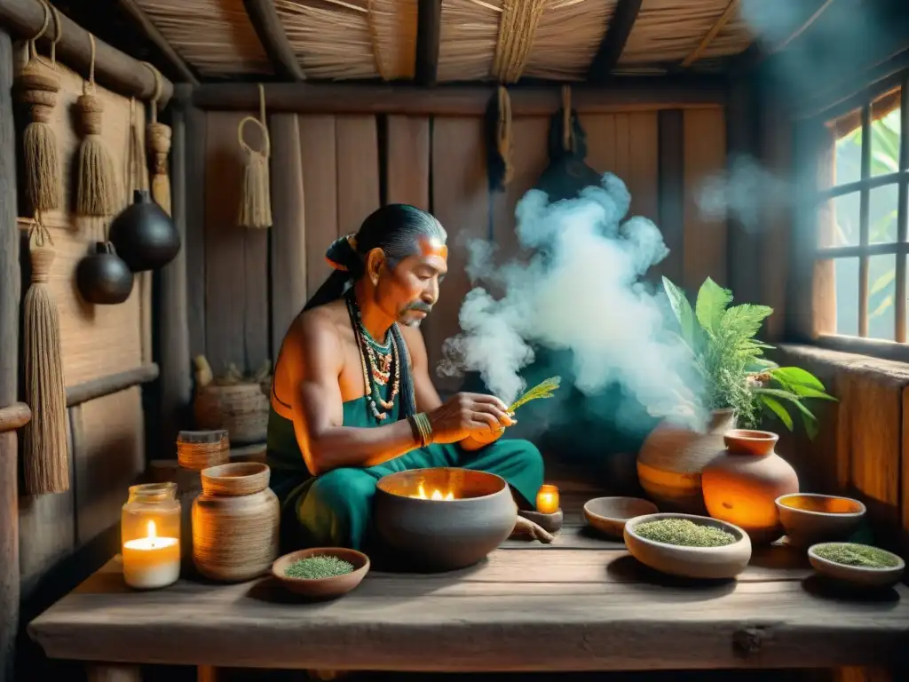 Un chamán Maya preparando remedios herbales en una choza rústica iluminada por velas