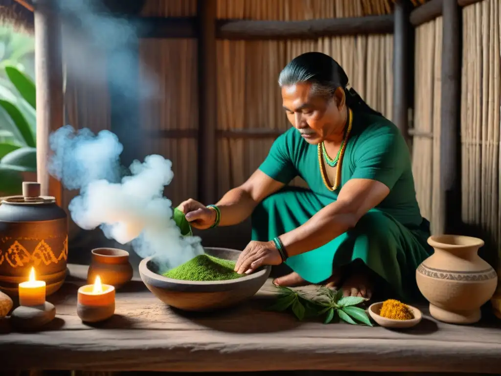 Un chamán maya preparando remedios naturales indígenas en una cabaña rústica iluminada por velas