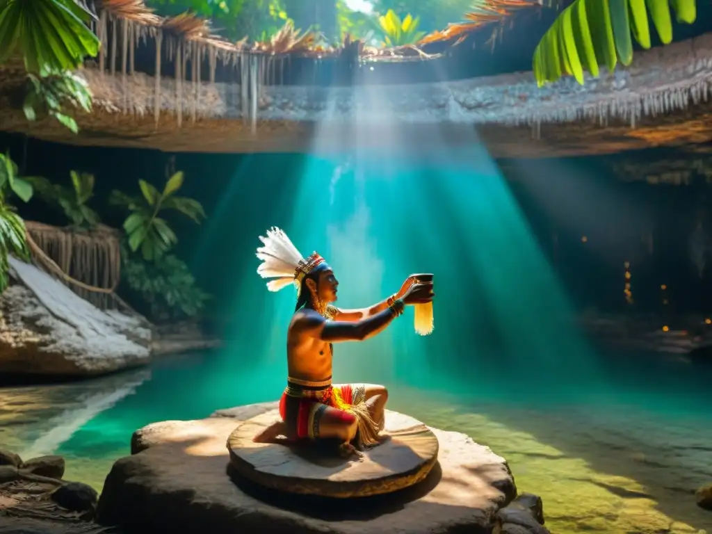 Un chamán maya realiza un ritual de agua en un cenote sagrado, reflejando la espiritualidad de las culturas indígenas de América