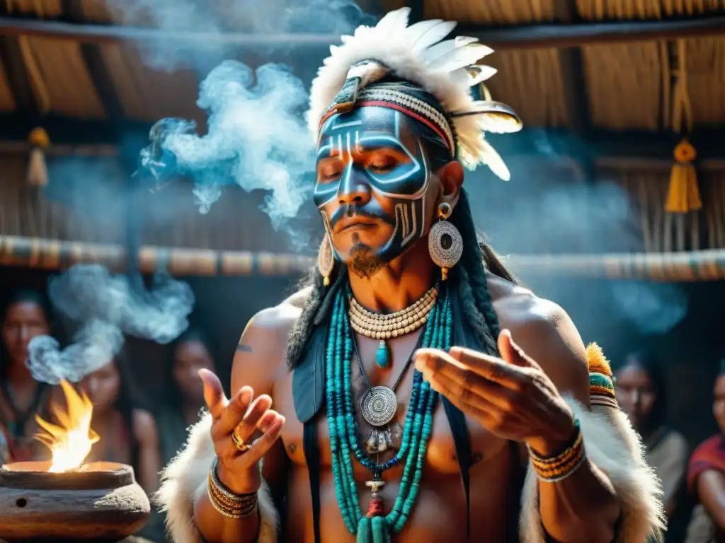 Sanación ancestral: Ritual maya con chamán y copal Un chamán maya realiza un ritual de curación espiritual en una choza ceremonial iluminada débilmente