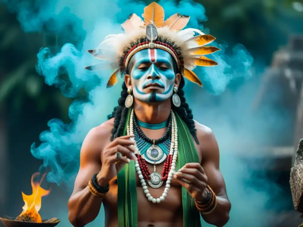 Un chamán maya realiza un ritual con hojas de tabaco en ruinas antiguas, conectando con el uso ritual tabaco mundo precolombino