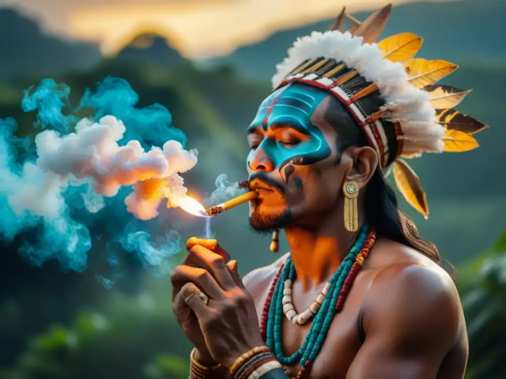 Un chamán maya realiza un ritual de oración con tabaco al amanecer en la jungla nebulosa, conectando con lo espiritual