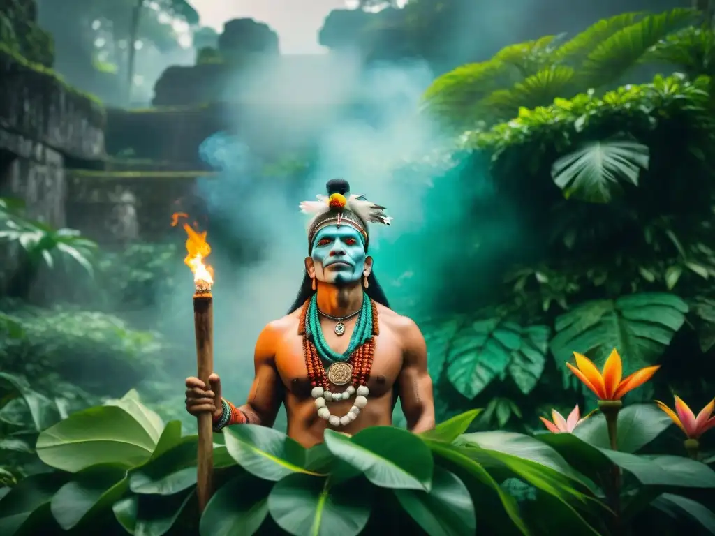 Un chamán Maya en un ritual en la selva, rodeado de ruinas y flores, transmitiendo equilibrio espiritual