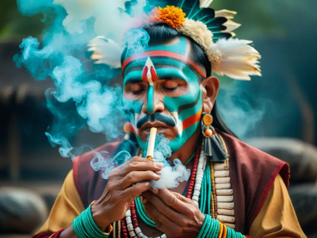 Un chamán maya en ritual del tabaco, con humo fragante y ruinas antiguas en la neblina