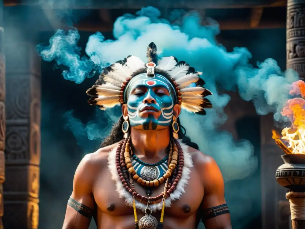 Un chamán maya realiza un ritual de tabaco en templo iluminado por antorchas