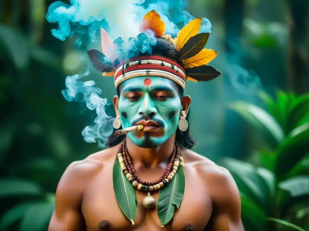 Un chamán maya realiza un ritual de tabaco en la selva de Mesoamérica