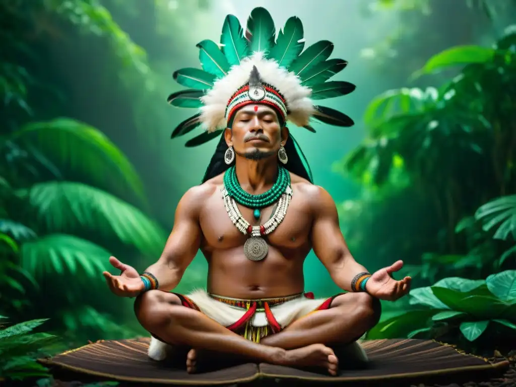 Un chamán maya meditando en la selva con Técnicas de respiración sanación indígena