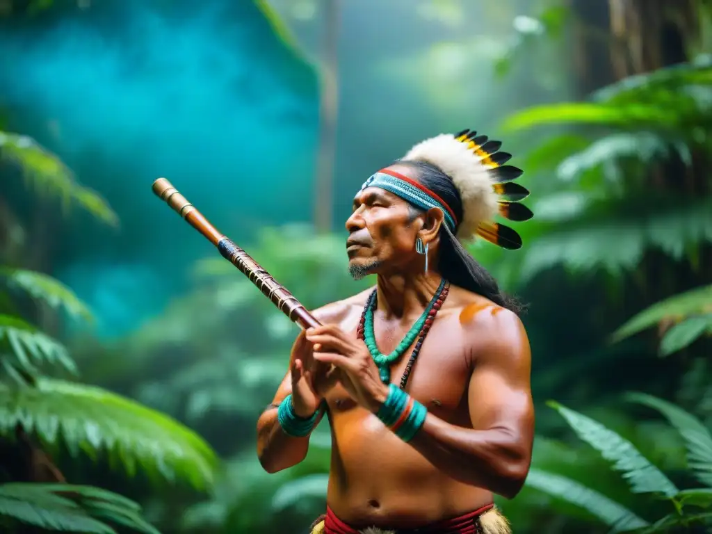 Un chamán interpreta una melodía sanadora con instrumentos musicales indígenas en la exuberante selva, evocando conexión espiritual