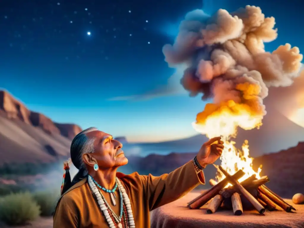 Un chamán nativo americano en ceremonia con peyote, bajo el cielo estrellado