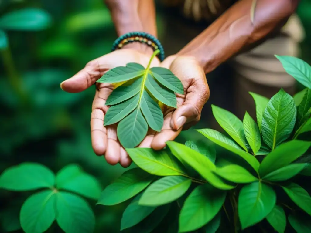 Un chamán seleccionando plantas medicinales en la exuberante selva amazónica