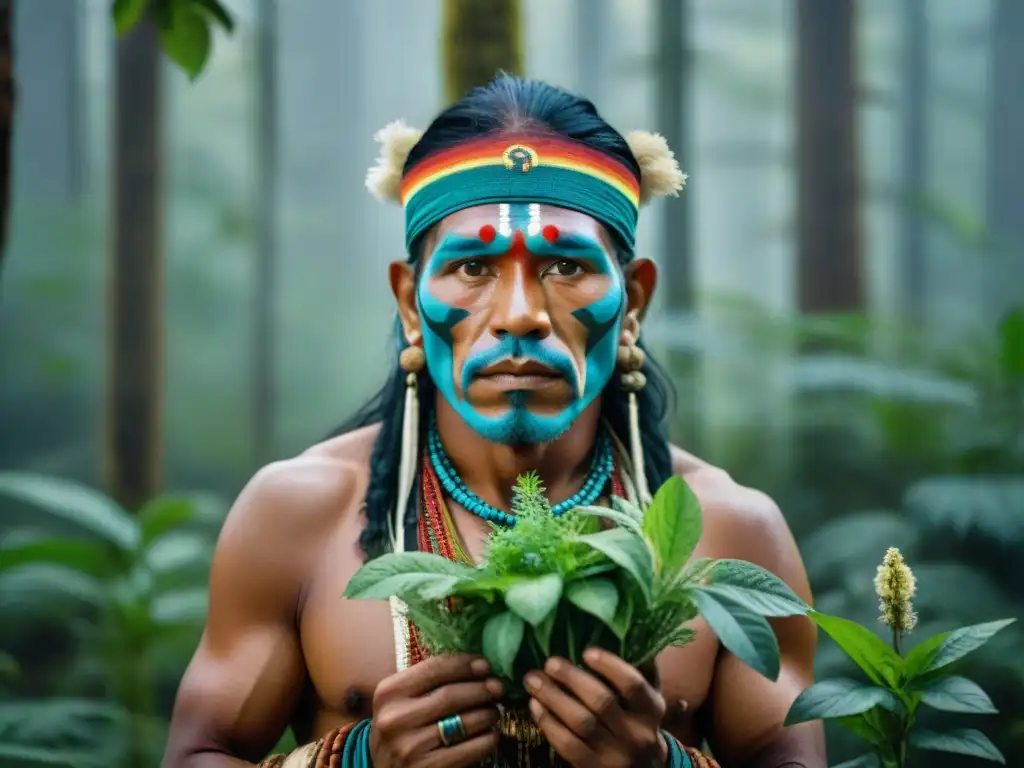 Un chamán poderoso de una tribu indígena recolectando hierbas sagradas en un bosque exuberante