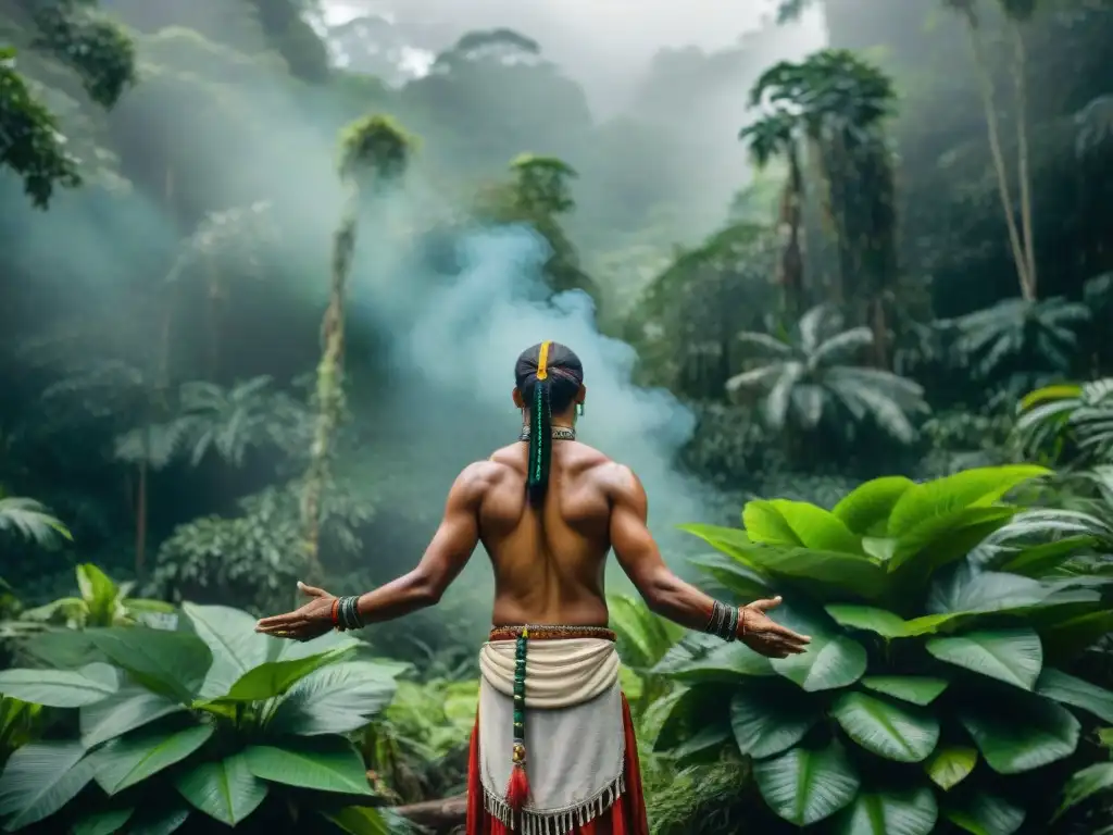 Un chamán lidera un retiro espiritual en la selva Amazónica, creando una atmósfera mística y serena