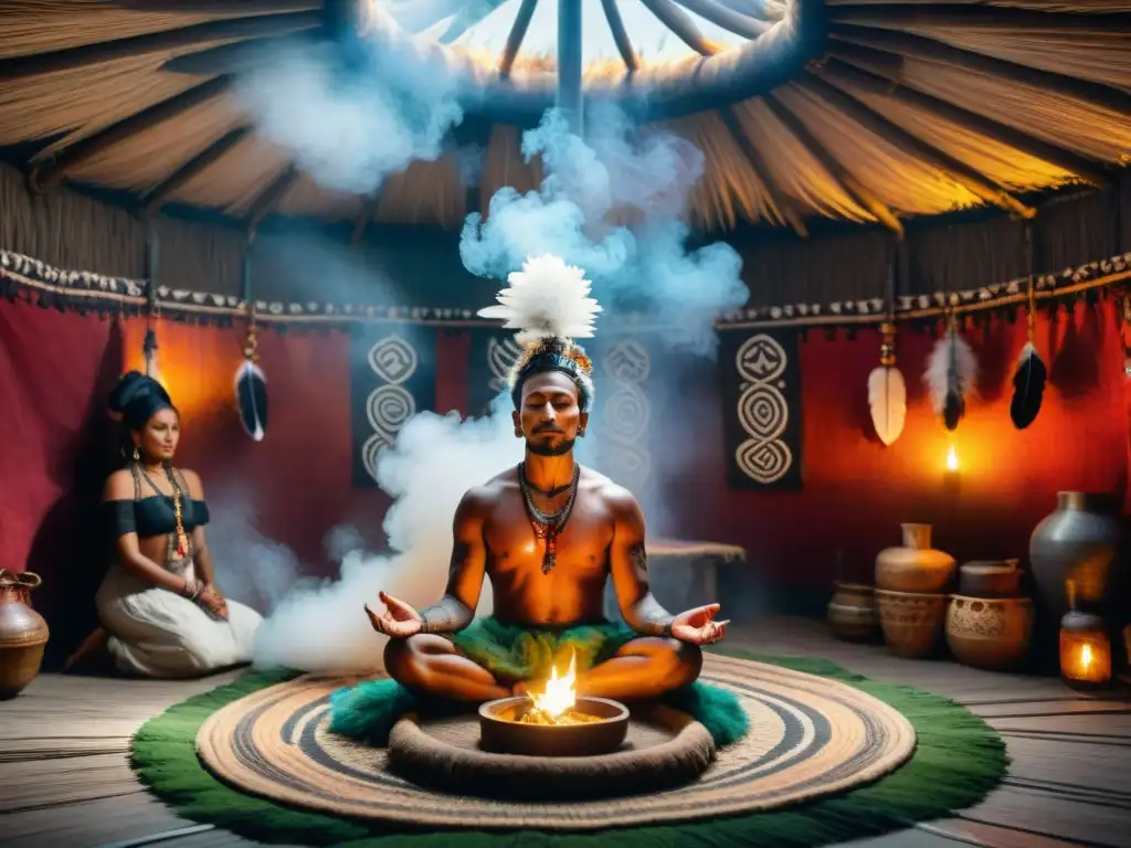 Un chamán realiza un ritual de limpieza con humo y hierbas en una choza indígena decorada, durante retiros espirituales raíces indígenas