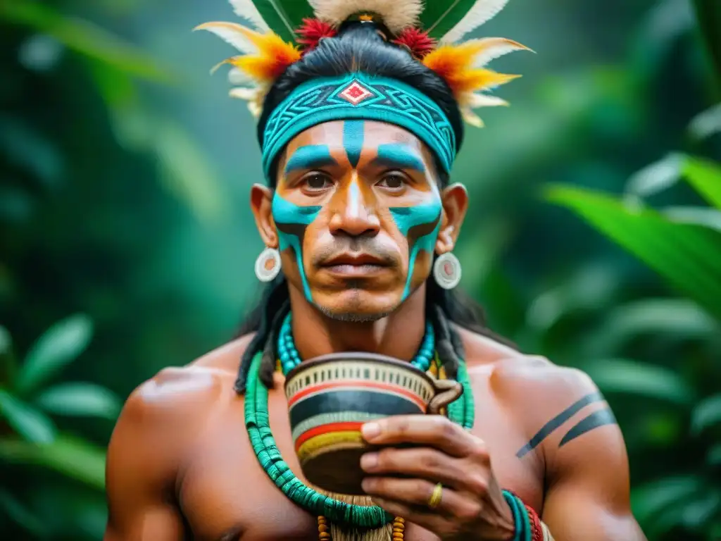 Un chamán de la selva amazónica con atuendo tradicional y una copa ceremonial de ayahuasca