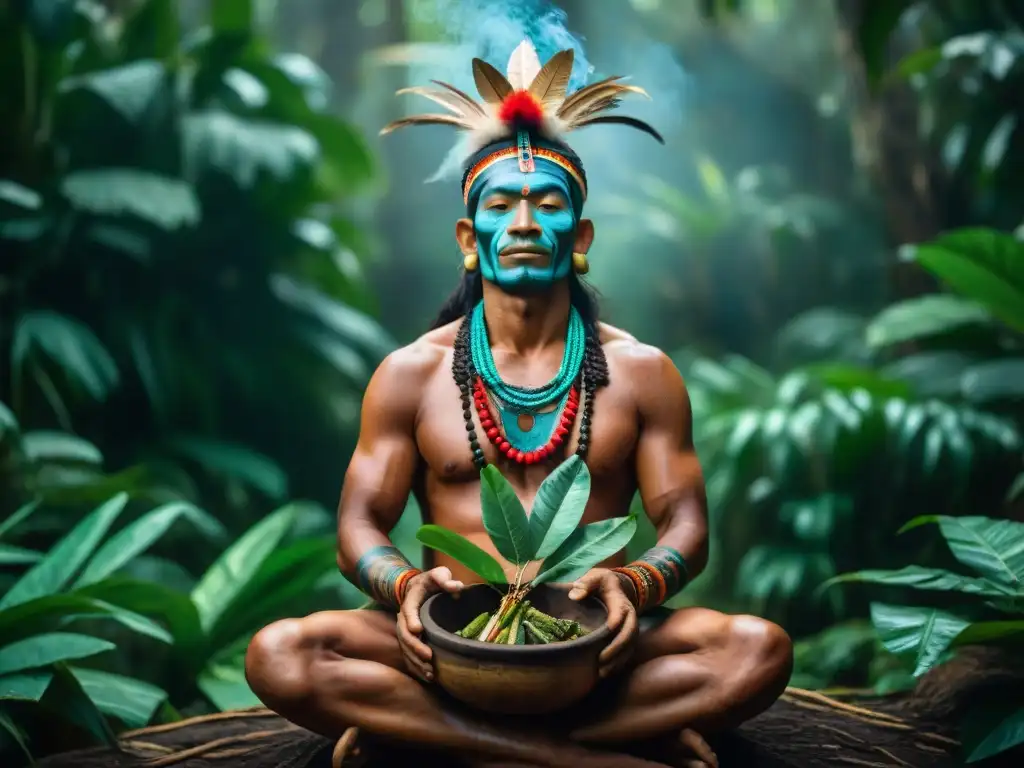 Un chamán en la selva amazónica preparando Ayahuasca, en un ritual ancestral