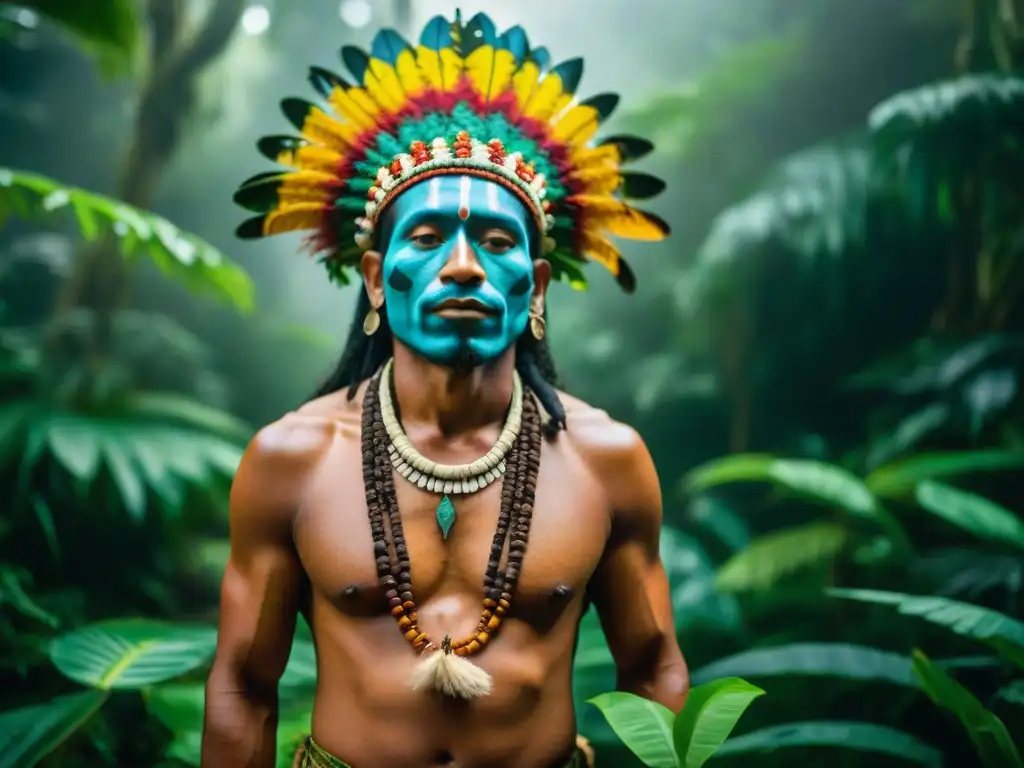 Un chamán en la selva amazónica con plantas sagradas como ayahuasca, conducen ceremonia de sanación