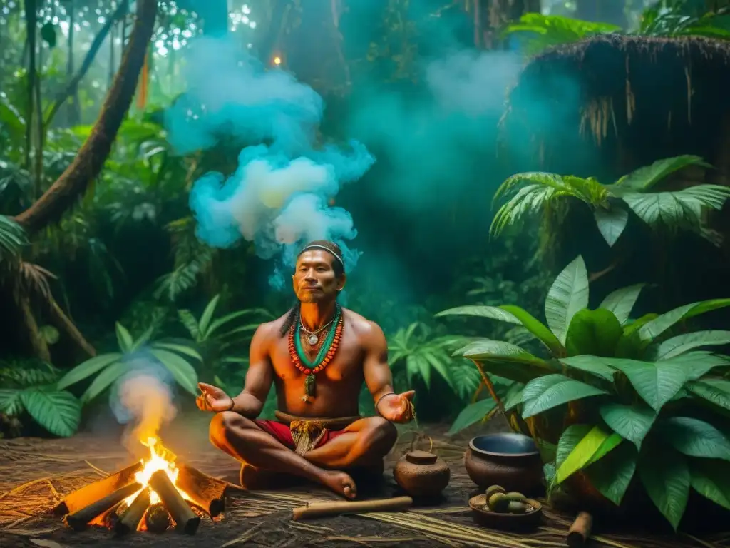 Un chamán en la selva amazónica preparando una poción sagrada de ayahuasca en una ceremonia tradicional, mezclando plantas indígenas medicina moderna