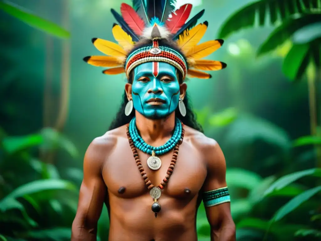 Un chamán en la selva amazónica realizando un ritual sagrado, rodeado de exuberante vegetación