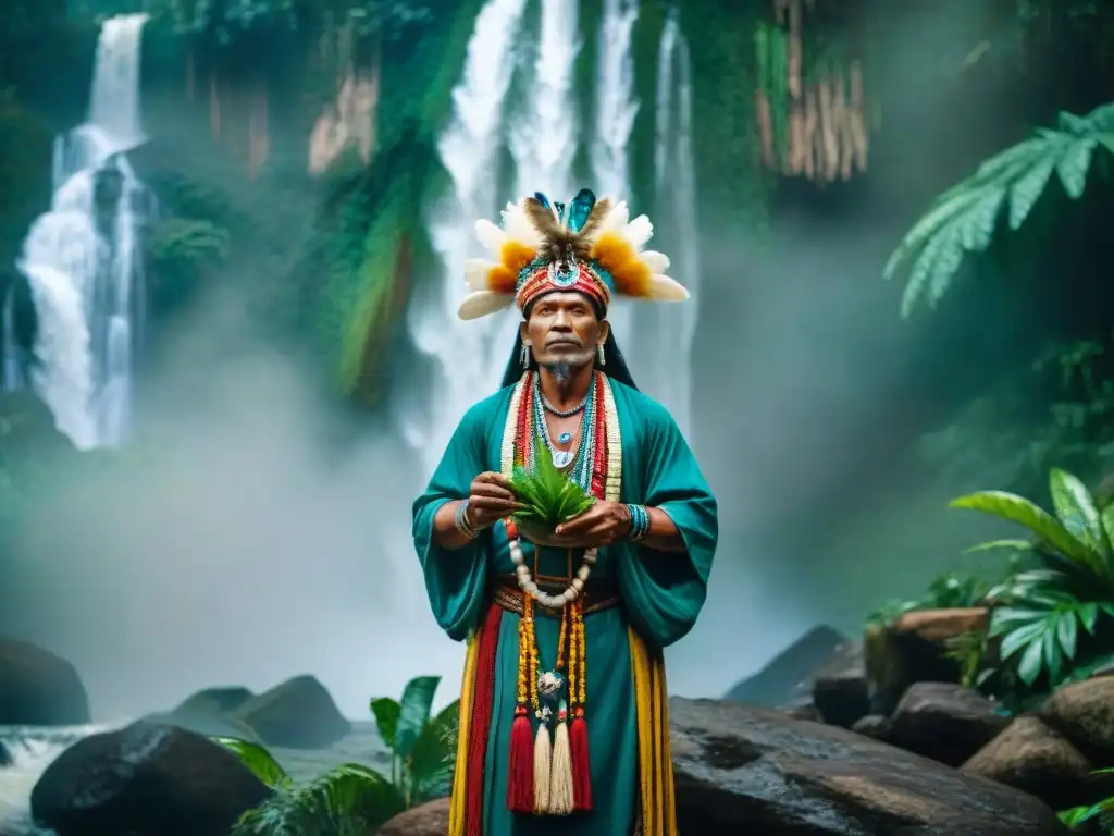 Un chamán en la selva amazónica realizando un ritual sagrado con hierbas medicinales, en un escenario vibrante y detallado