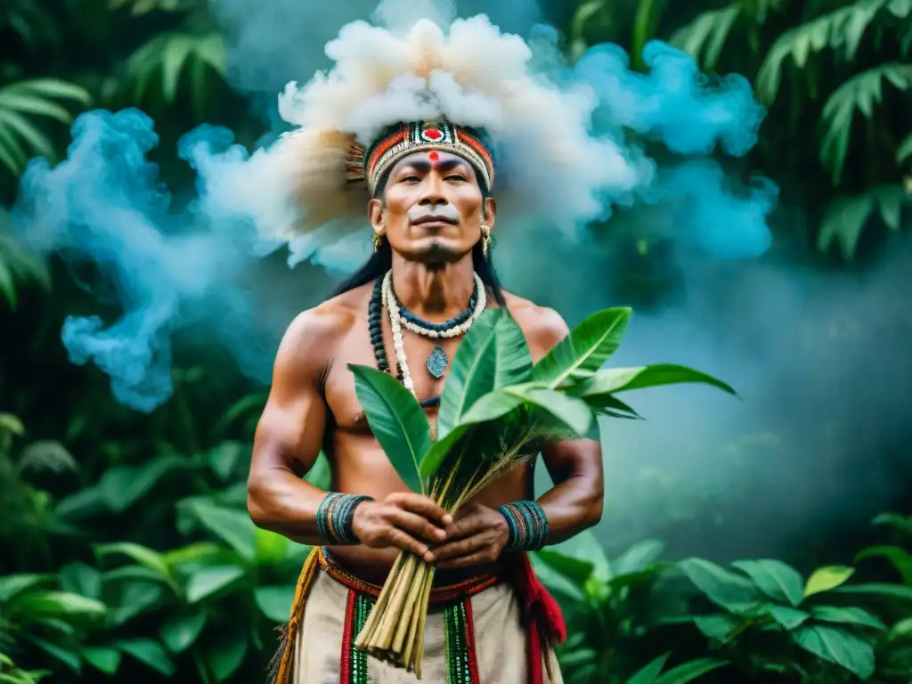 Un chamán de la selva amazónica realiza una ceremonia espiritual rodeado de vegetación exuberante