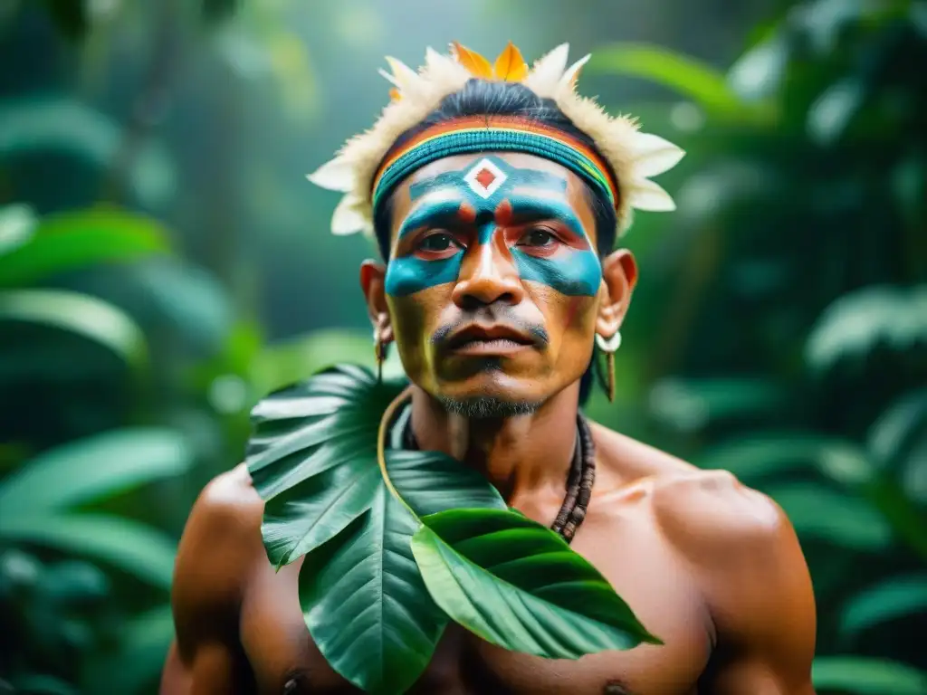 Un chamán Kichwa en la selva amazónica sostiene una hoja de guayusa, rodeado de aves tropicales y una exuberante vegetación