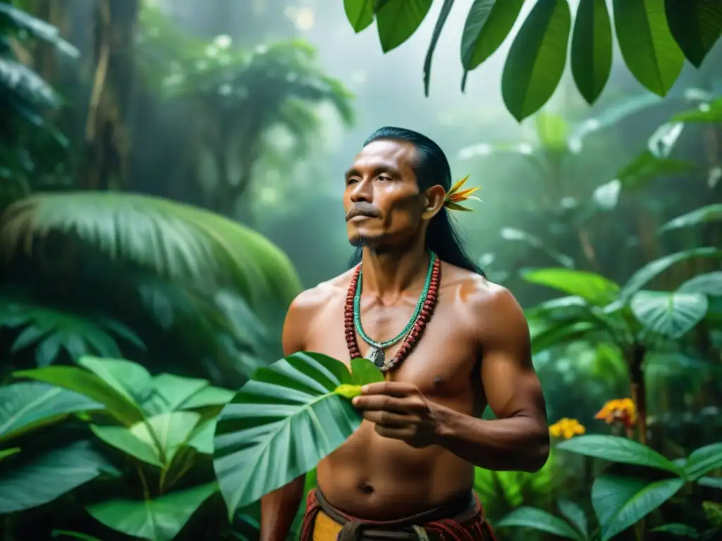 Un chamán de la selva amazónica prepara una poción entre plantas medicinales