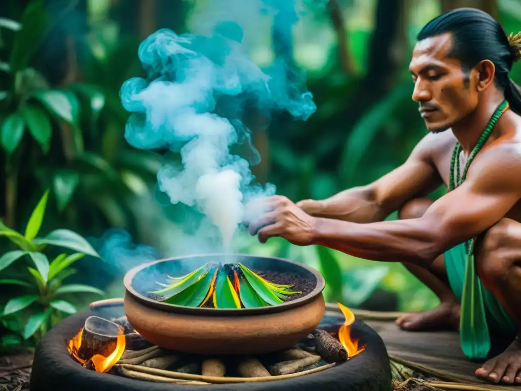 Un chamán ShipiboConibo preparando Ayahuasca, mezclando plantas sagradas en la selva amazónica