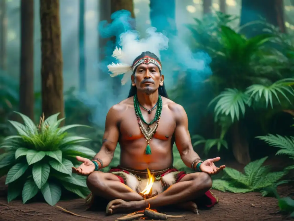 Un chamán tradicional de una tribu indígena, en plena ceremonia rodeado de hierbas en la selva