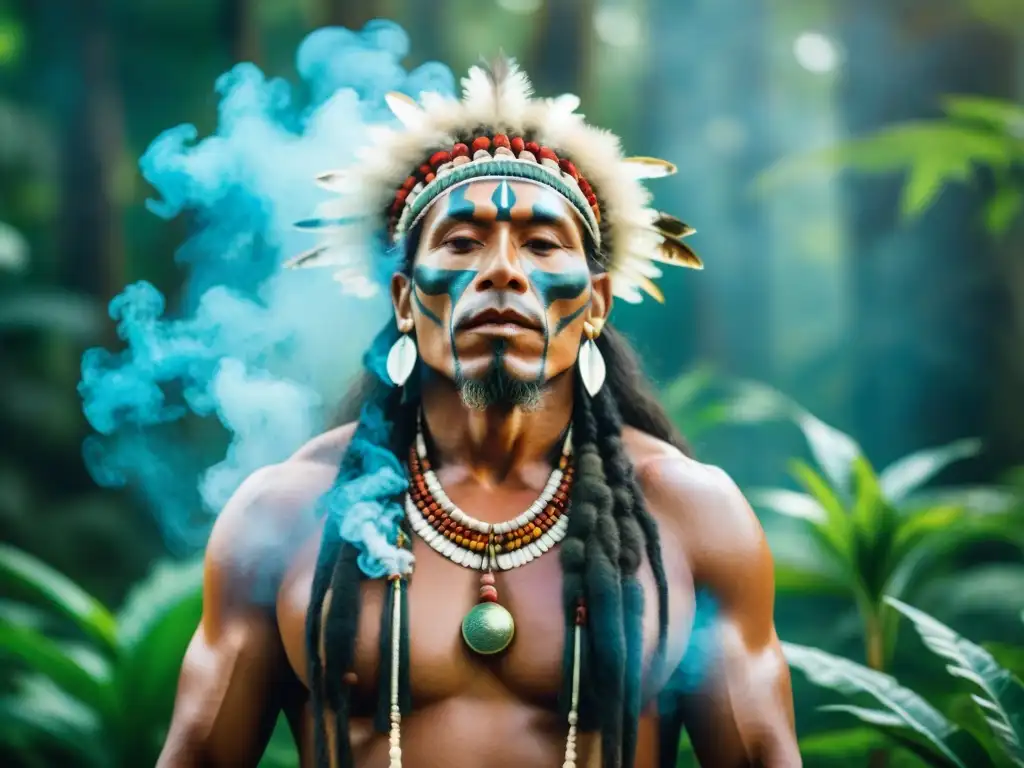 Un chamán tradicional de una tribu indígena de las Américas en un bosque verde exuberante, rodeado de plantas medicinales indígenas Américas, realizando un ritual de sanación sagrado en medio del humo, evocando misticismo y sabiduría ancestral