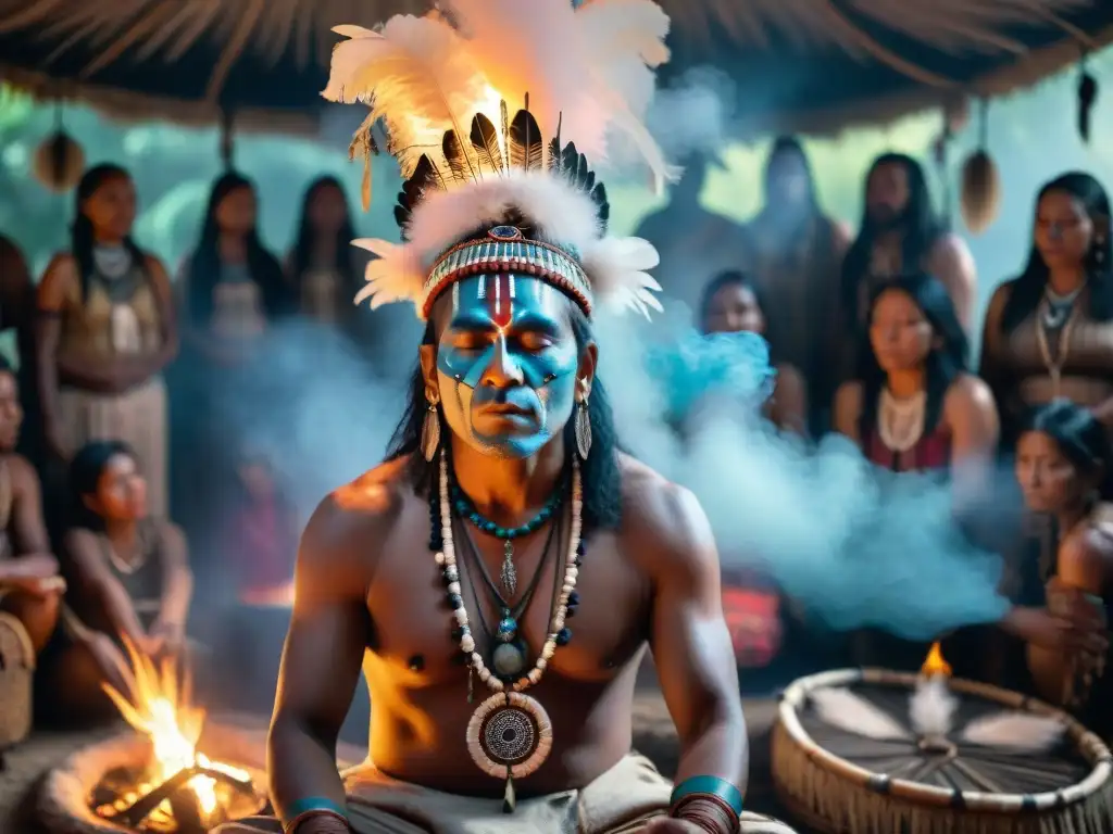 Un chamán en trance interpreta sueños para culturas indígenas en una cabaña mística