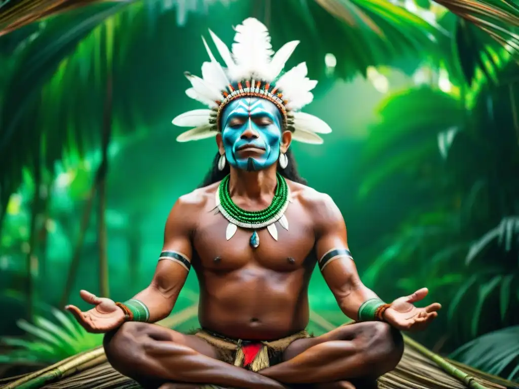Shamán amazónico en meditación profunda Un chamán de una tribu amazónica en profunda meditación en su cabaña tradicional rodeado de exuberante vegetación