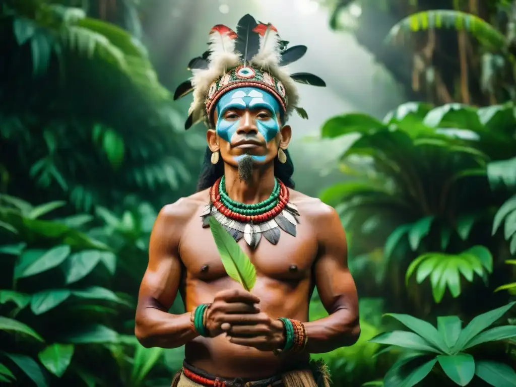 Un chamán de una tribu amazónica en la selva, conectando tierra-hombre culturas indígenas