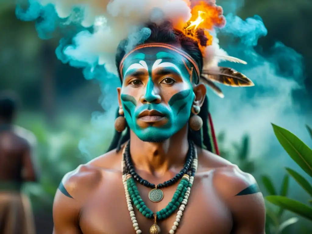 Un chamán de una tribu indígena guía una ceremonia espiritual bajo la luna llena, rodeado de símbolos místicos y humo de hierbas