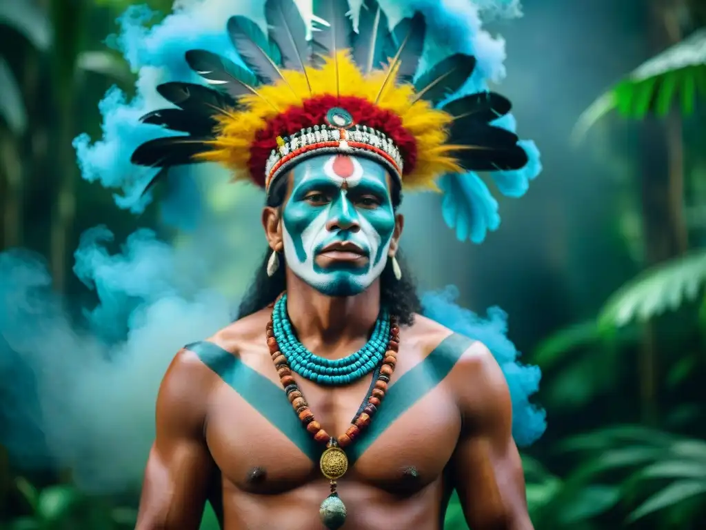 Un chamán de una tribu amazónica realiza una ceremonia espiritual en la selva, con prácticas espirituales indígenas modernas