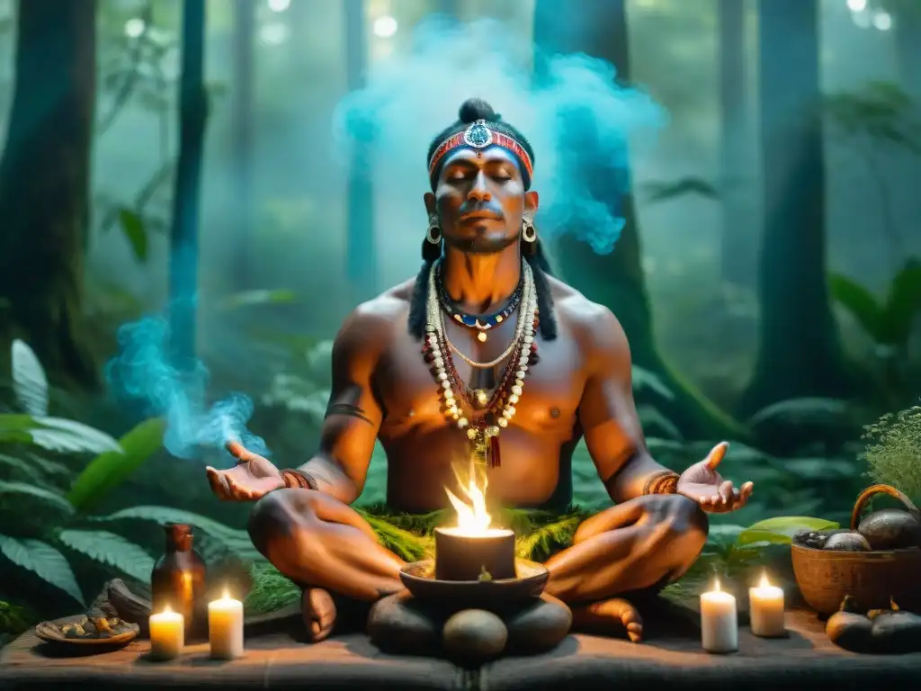 Curandero indígena en ritual espiritual en el bosque Un chamán de una tribu indígena americana realiza una ceremonia de curación espiritual en el bosque