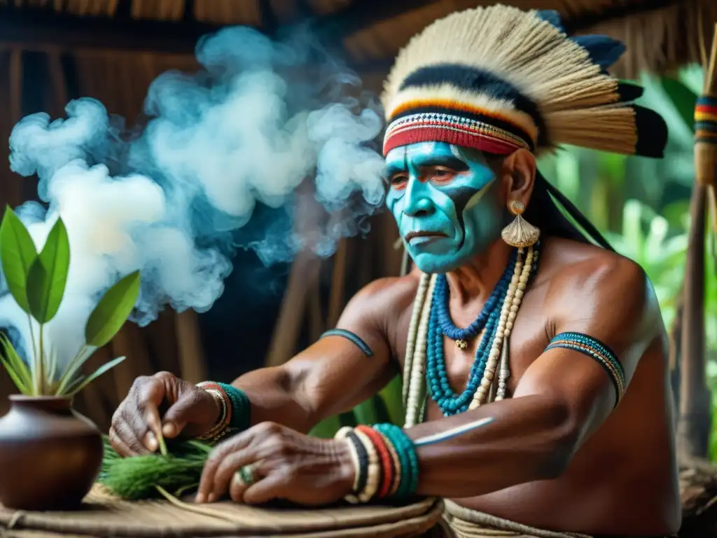 Un chamán de una tribu indígena preparando plantas sagradas para una ceremonia de sanación, destacando la medicina ancestral