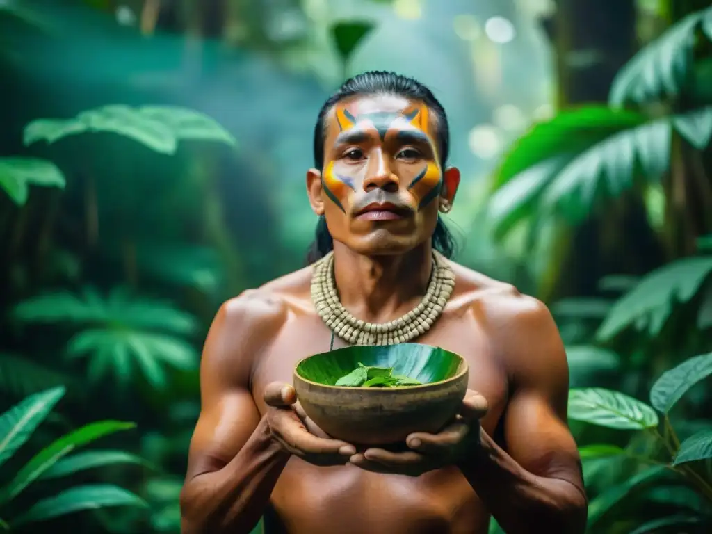 Un chamán de una tribu indígena amazónica preparando una poción curativa con hierbas medicinales en la densa selva