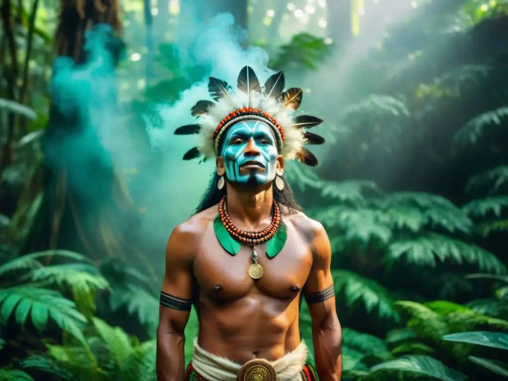 Un chamán de una tribu indígena realiza un ritual ceremonial en la selva, rodeado de miembros tribales hipnotizados