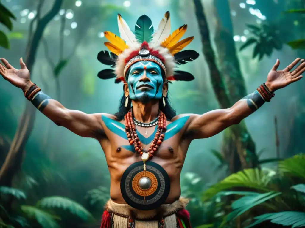 Un chamán de una tribu indígena en un ritual en la selva con pinturas corporales y plumas, conectando con la naturaleza