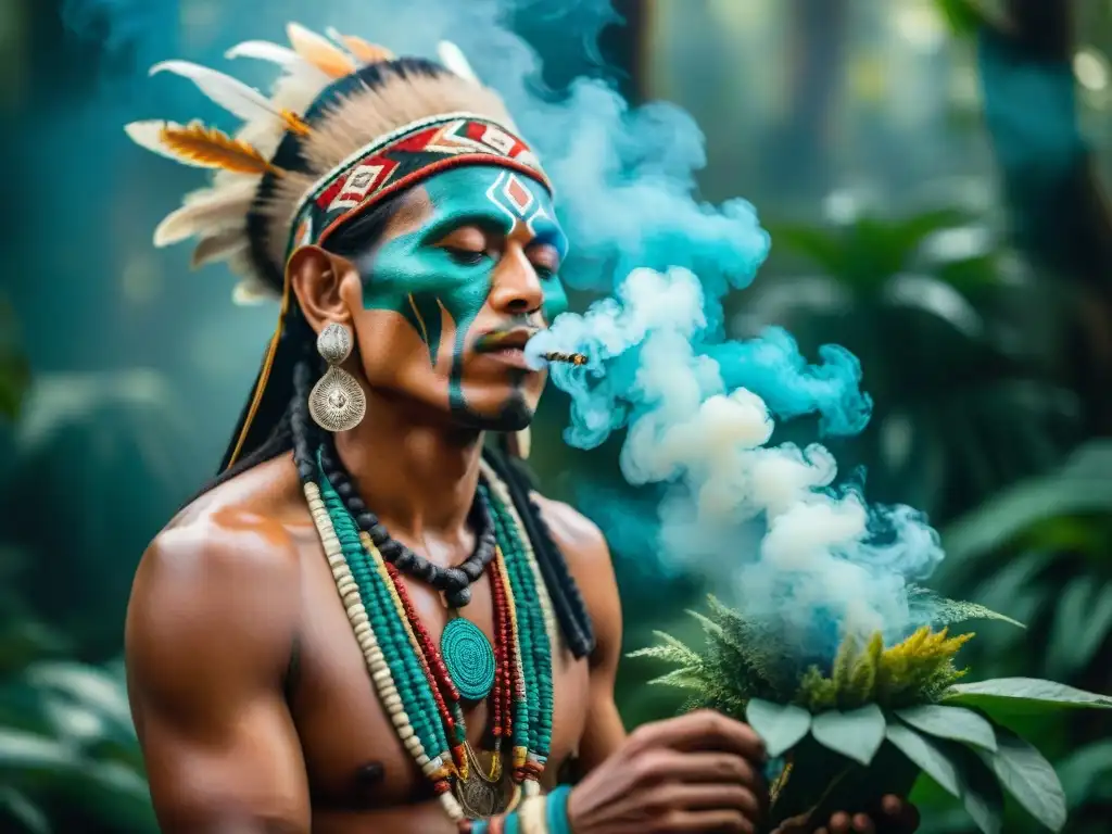 Un chamán de una tribu indígena rodeado de plantas sagradas en una ceremonia de sanación ancestral en la selva vibrante