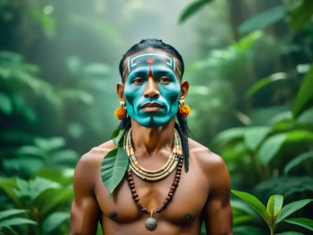 Un chamán de una tribu indígena, rodeado de plantas medicinales en la selva, refleja sabiduría ancestral