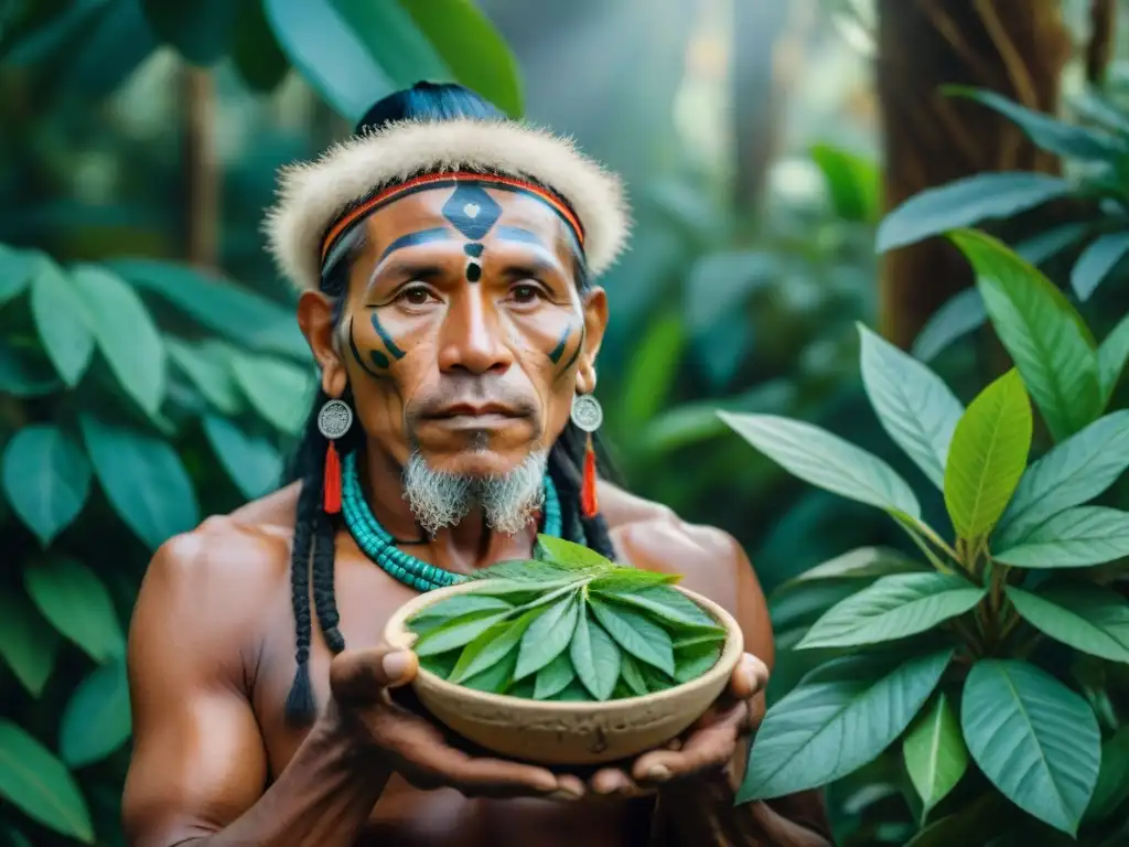 Un chamán de una tribu indígena rodeado de hierbas sagradas, sosteniendo hojas de yerba buena y un cuenco para infusiones