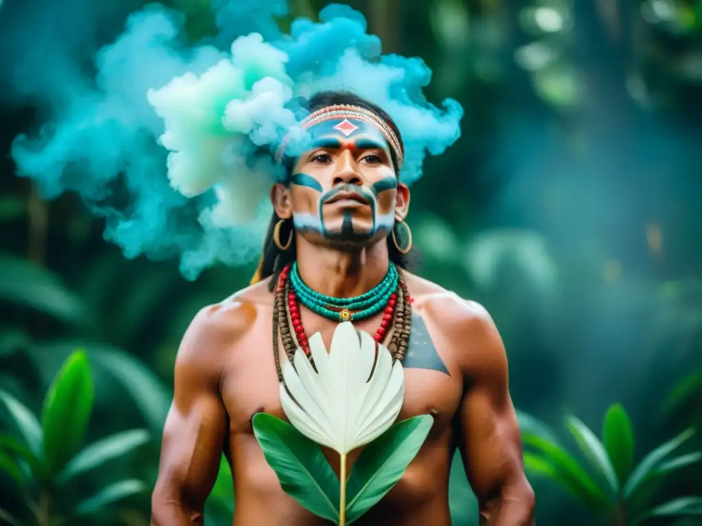 Un chamán de una tribu indígena en la selva amazónica, realizando una ceremonia de sanación rodeado de exuberante vegetación