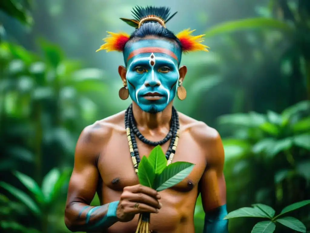 Un chamán de una tribu indígena en la selva amazónica sostiene plantas medicinales y un instrumento ceremonial, mostrando sabiduría ancestral