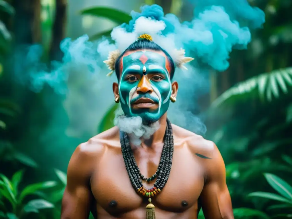 Un chamán de una tribu indígena en la selva, realizando una ceremonia de curación