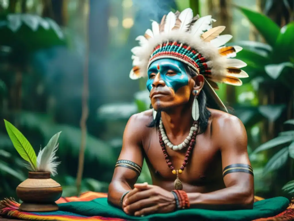 Un chamán de una tribu indígena en la selva amazónica preparando un brebaje en un recipiente tradicional, rodeado de suplementos naturales en rituales indígenas