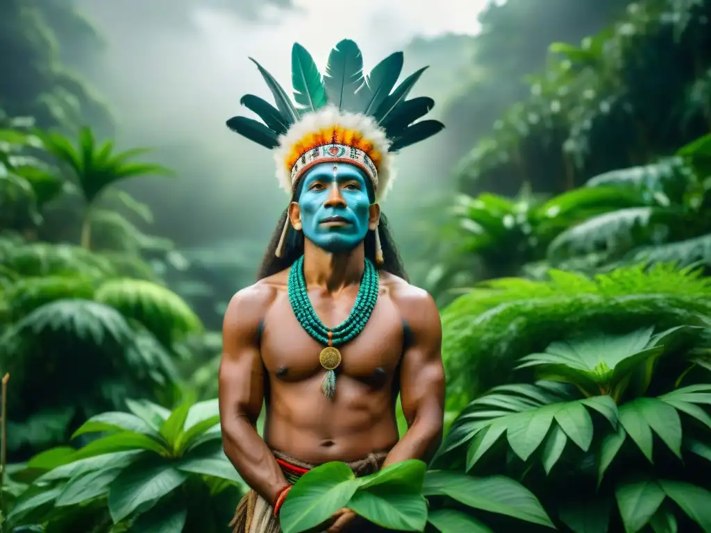 Un chamán de una tribu indígena en la selva amazónica realiza un ritual espiritual con plantas medicinales