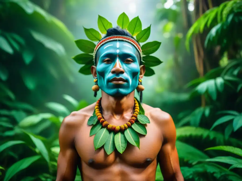 Un chamán de una tribu indígena en la selva del Amazonas, rodeado de exuberante vegetación, sosteniendo plantas sagradas