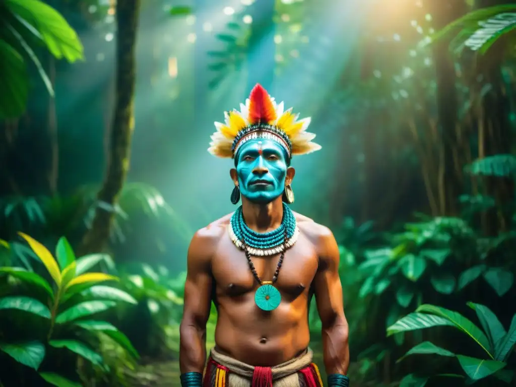 Un chamán de una tribu amazónica realiza un ritual rodeado de miembros tribales con rostros pintados, en medio de la exuberante selva