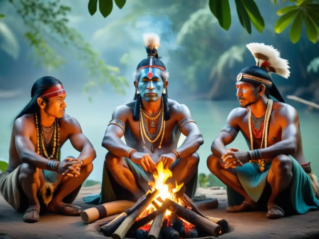 Chamanes y curanderos en salud reunidos alrededor de una hoguera, rostros pintados con símbolos espirituales